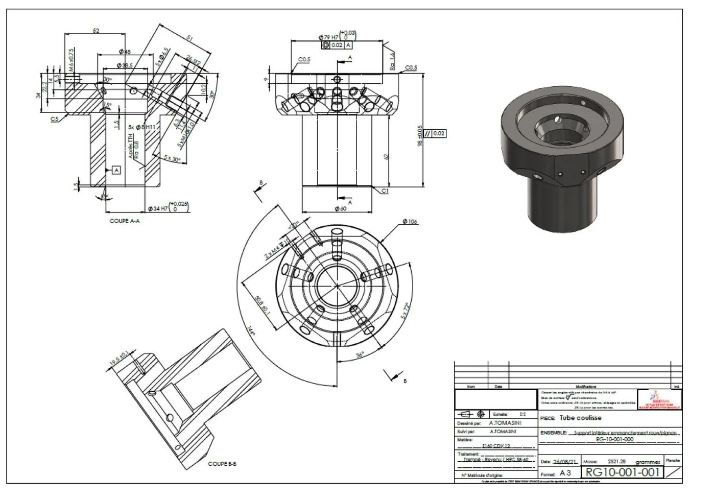 Plan coté Tube coulisse, tolérances H7